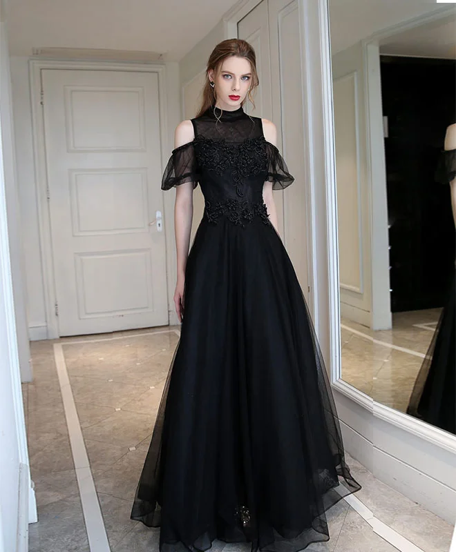 Unique Black High Neck Tulle Long Prom Dress, Black Evening Dress