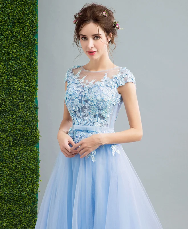Sky Blue Lace Tulle Long Prom Dress, Lace Evening Dress