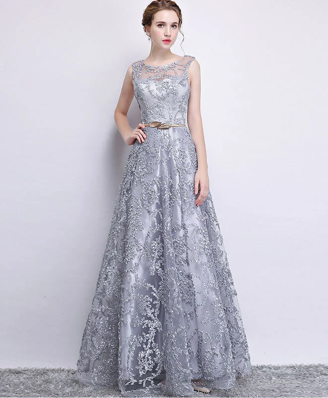 Gray Tulle Lace Long Prom Dress , Gray Evening Dress