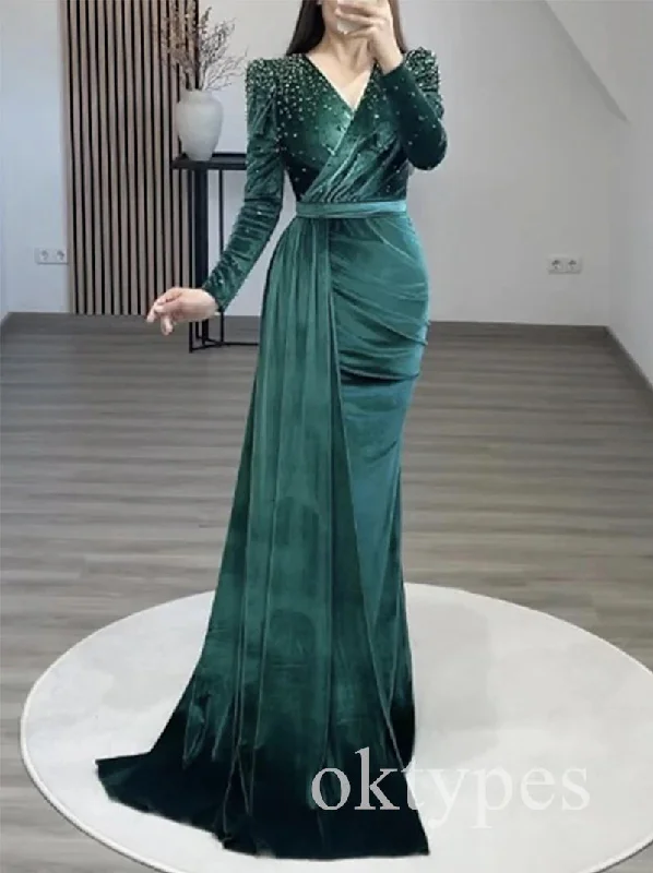 Elegant V-neck Long Sleeves Mermaid  Long Women Prom Dresses PDS1279