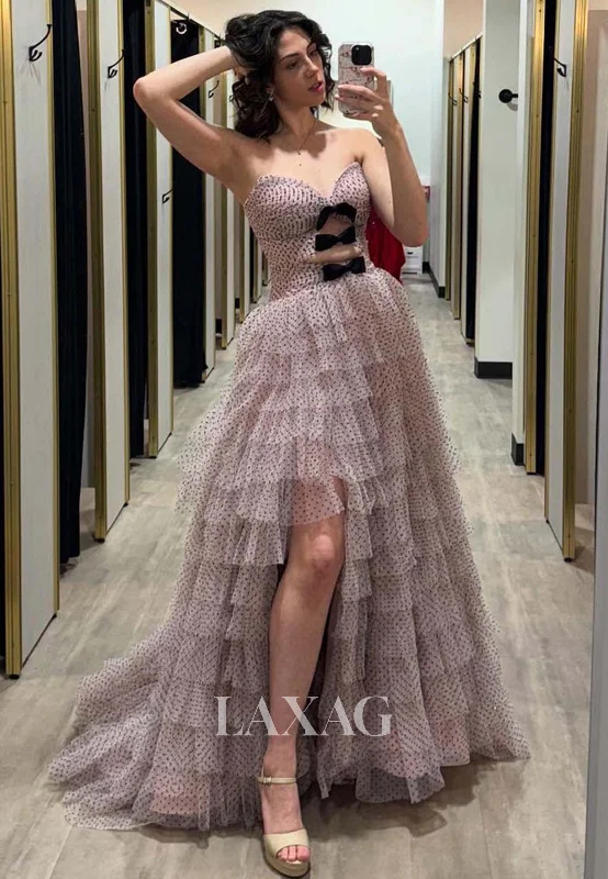 A-Line Sweetheart Off-Shoulder Sleeveless Prom Dress Pleated Tiered Tulle Evening Gowns with Bows A-Line Sweetheart Off-Shoulder Sleeveless Prom Dress Pleated Tiered Tulle Evening Gowns with Bows