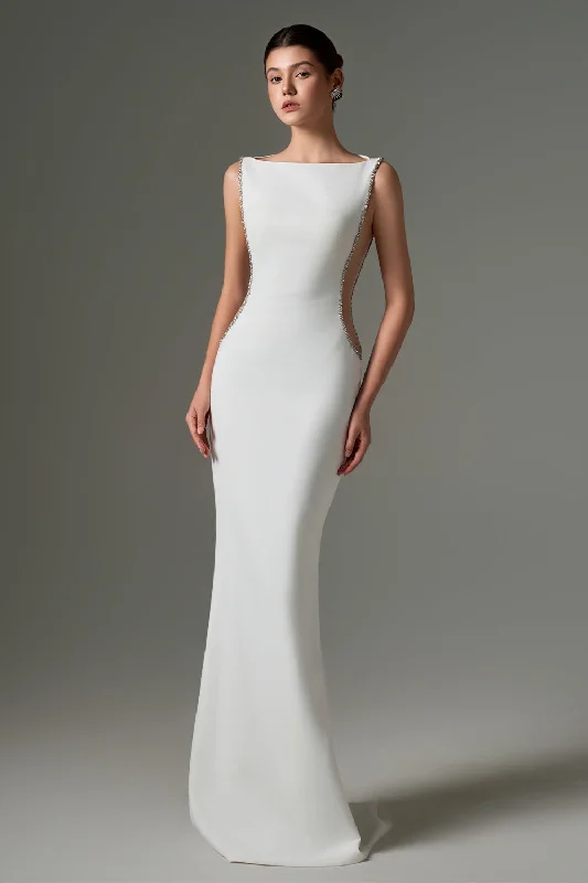 Fatima Hourglass Boat Neck Crepe Floor Length Dress