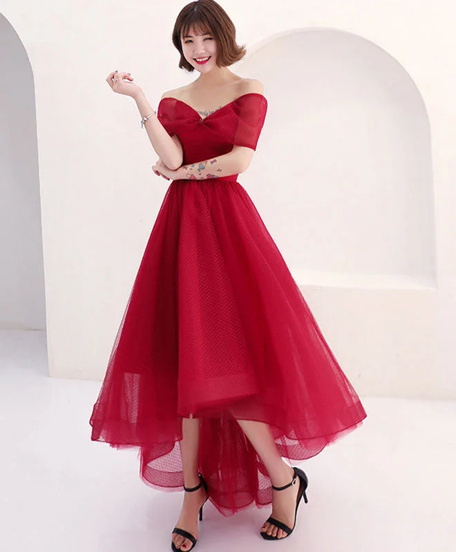 Burgundy Tulle Short Prom Dress, Burgundy Evening Dress