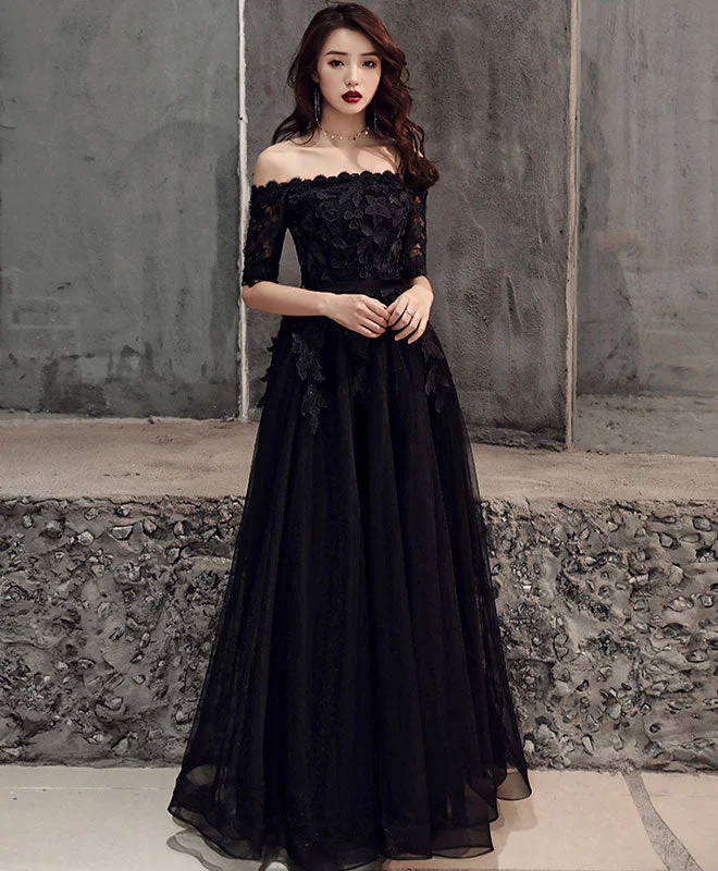 Black Tulle Lace Long Prom Dress, Black Tulle Evening Dress