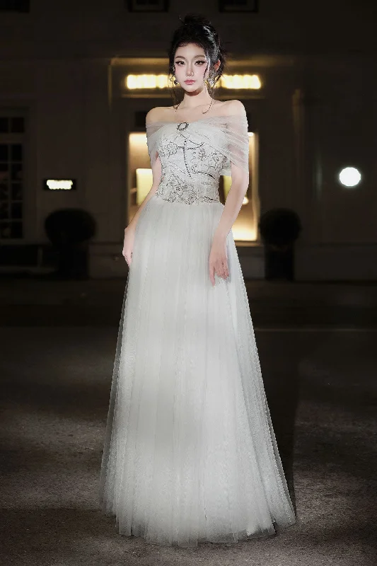 Fleur A-line Off-Shoulder Mesh Floor Length Dress