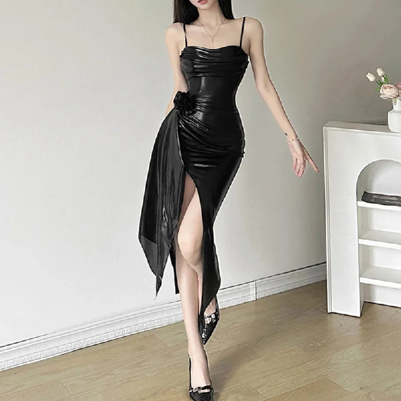 Sexy Suspender High Waist Hip-Wrapped Slit Dress