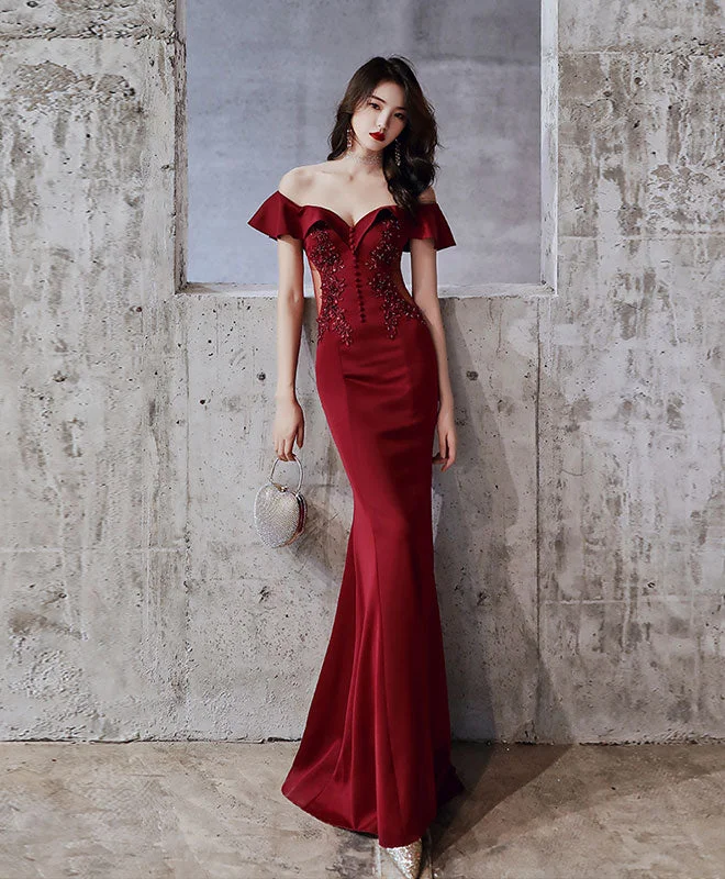 Burgundy Off Shoulder Mermaid Long Prom Dress Burgundy Evening Dress