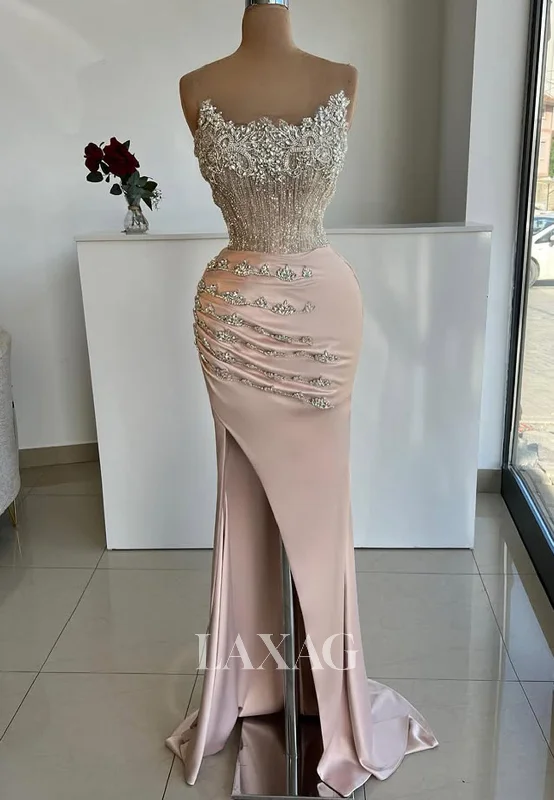 Scoop-Neck Sleeveless Pleated Mermaid Prom Dress Beaded Applique Party Gowns with High Slit Scoop-Neck Sleeveless Pleated Mermaid Prom Dress Beaded Applique Party Gowns with High Slit