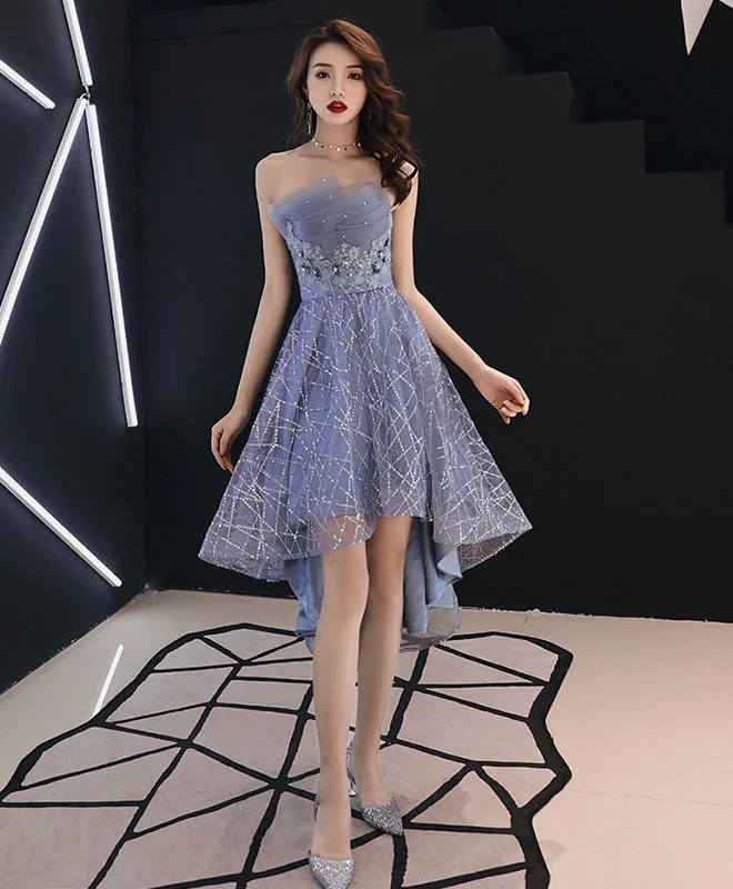 Blue Tulle Lace Short Prom Dress, Blue Evening Dress
