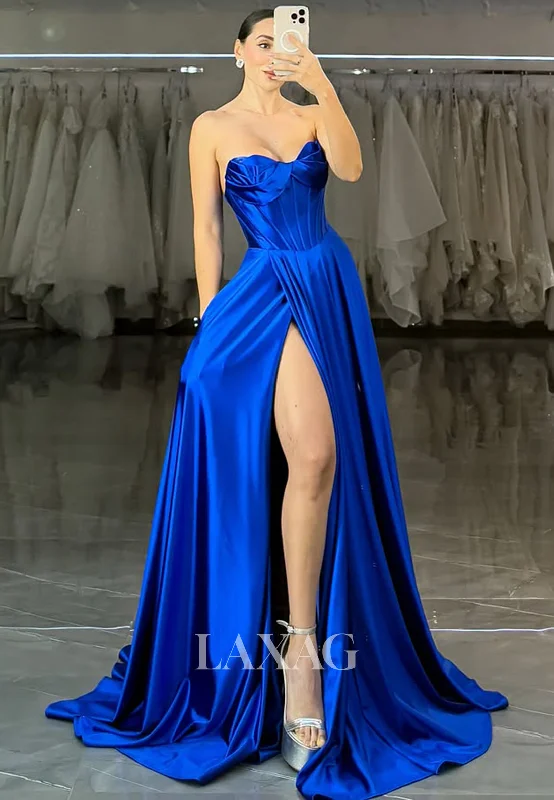 A-Line Sweetheart Off-Shoulder Sleeveless Prom Dress Pleated Satin High Slit Formal Gowns A-Line Sweetheart Off-Shoulder Sleeveless Prom Dress Pleated Satin High Slit Formal Gowns