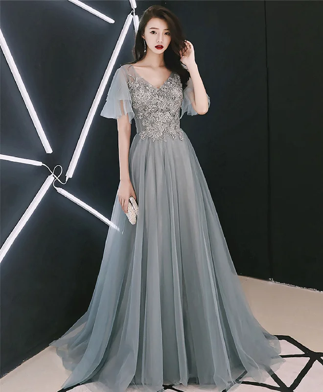 Gray V Neck Cap Sleeve Tulle Lace Long Prom Dress, Evening Dress