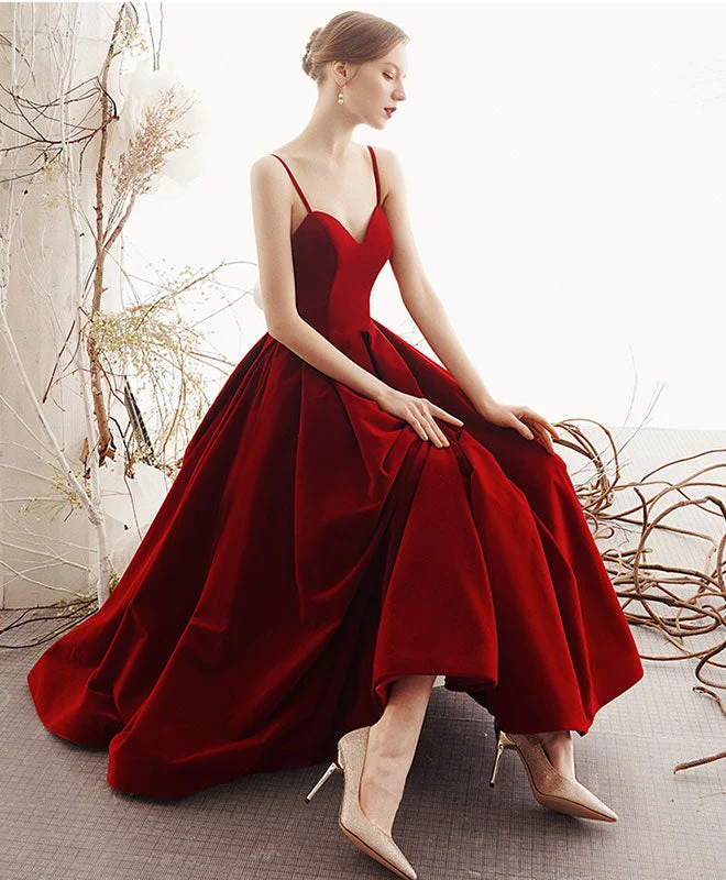 Simple sweetheart satin burgundy prom dress, burgundy evening dress
