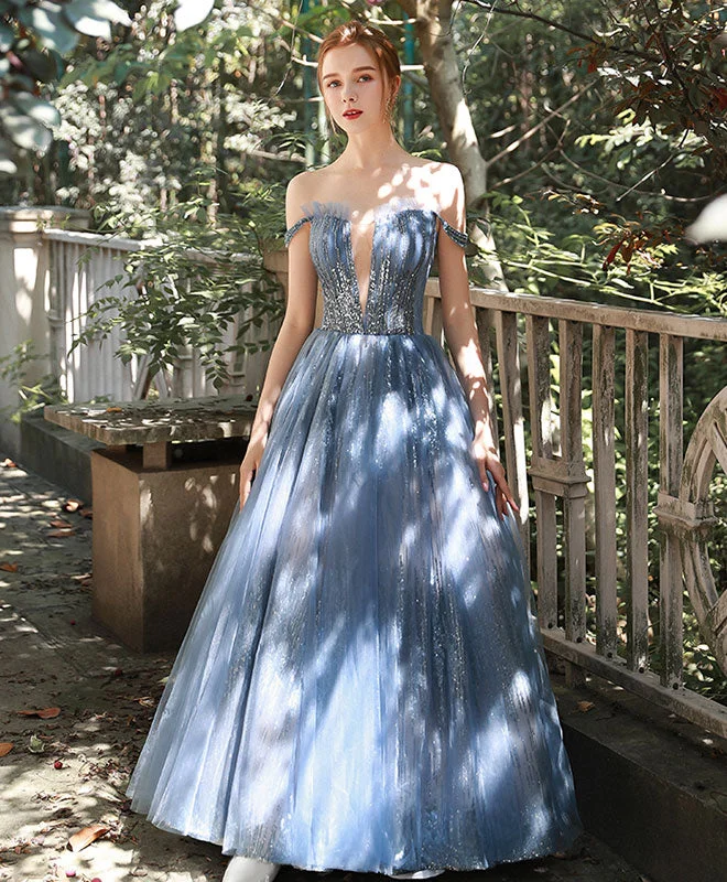 Blue Tulle Sequin Off Shoulder Long Prom Dress Tulle Evening Dress