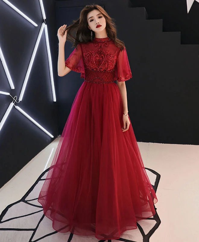 Burgundy Tulle Lace Long Prom Dress, Burgundy Evening Dress