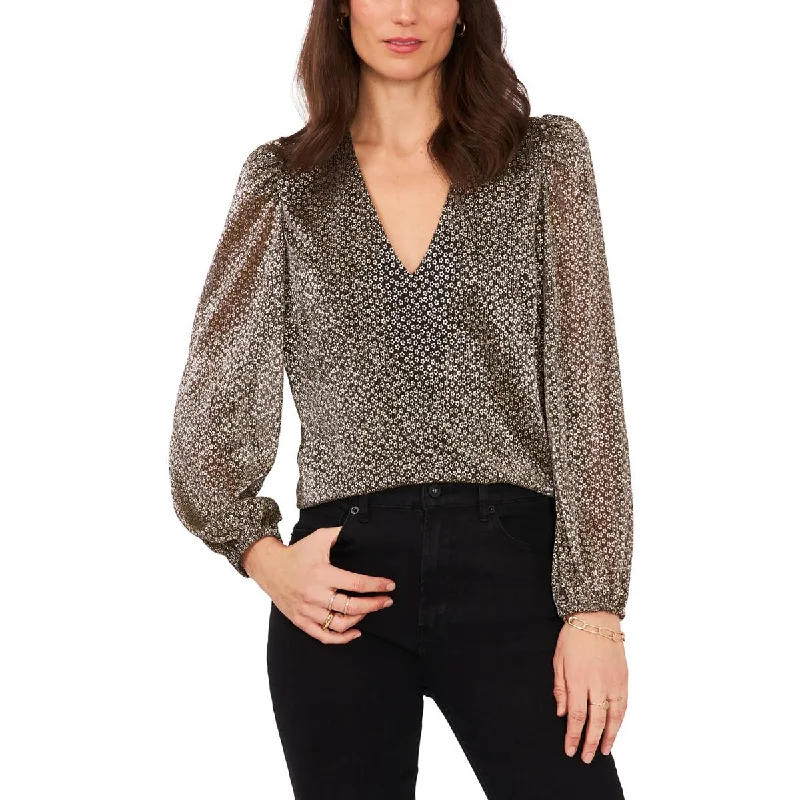 1.State Womens V Neck Metallic Blouse Chic Off-Shoulder Blouse