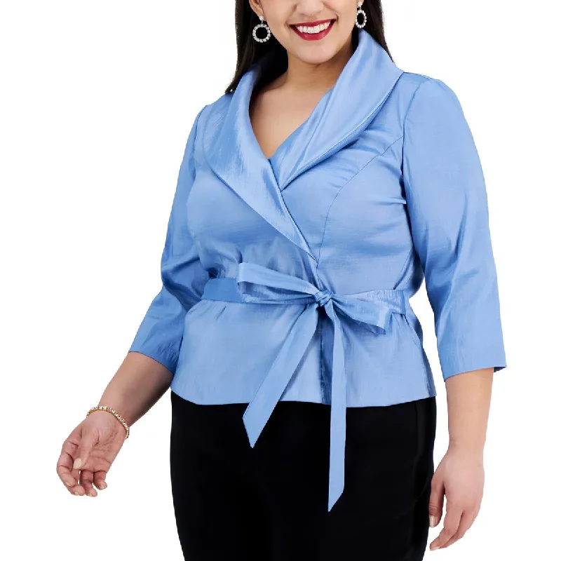 Alex Evenings Womens Shimmer V Neck Blouse Collared Satin Blouse