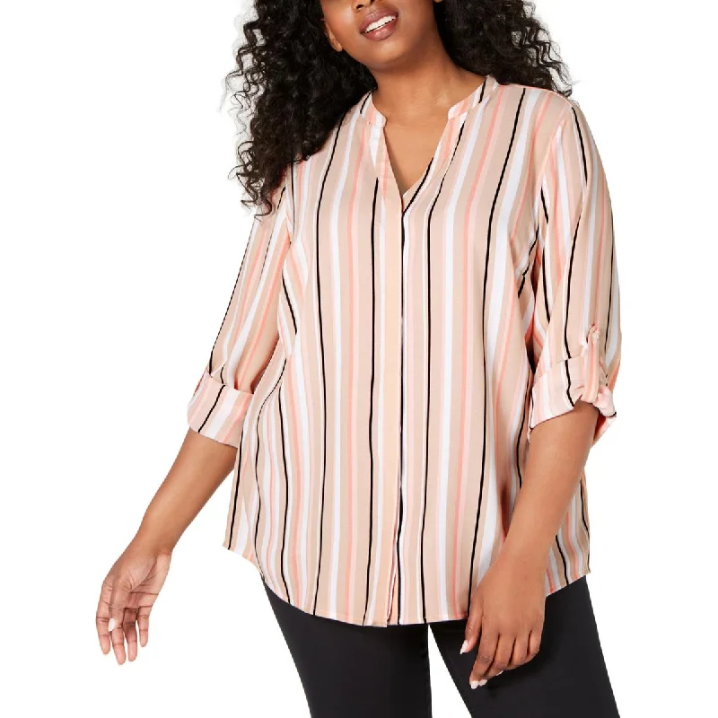 Alfani Womens Plus Striped Long Sleeves Blouse Silky Draped Blouse