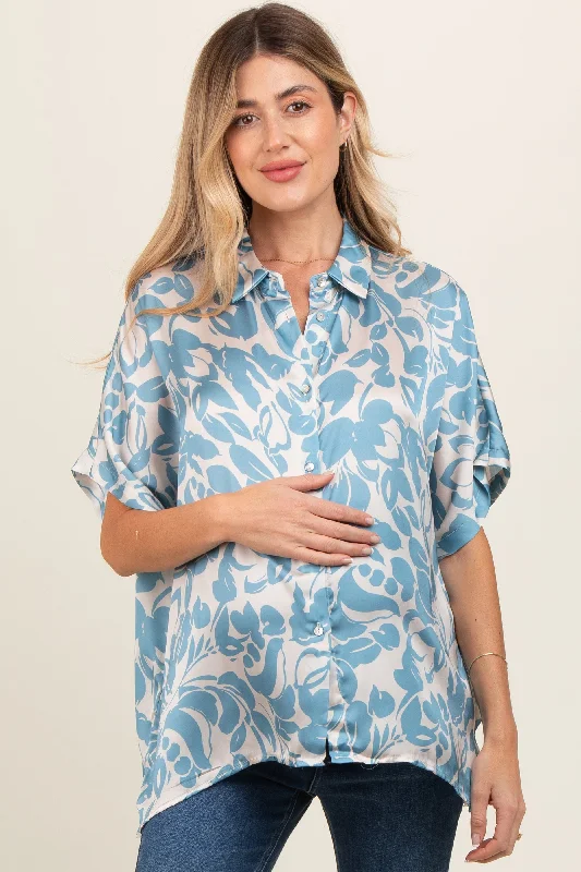 Aqua Floral Button Down Maternity Blouse Classic White Blouse