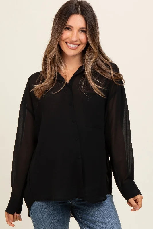 Black Sheer Button Down Maternity Blouse Elegant Semi-Sheer Blouse