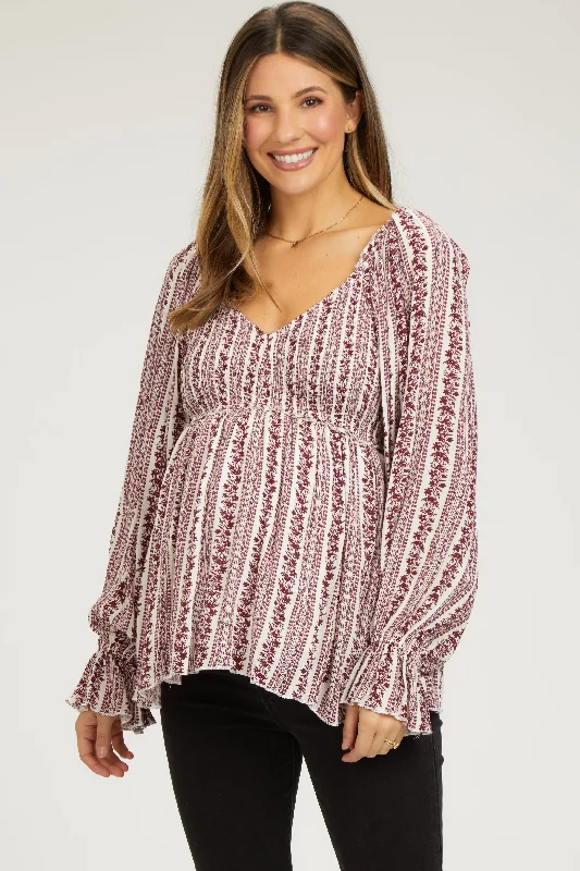 Burgundy Floral Long Sleeve Maternity Blouse Side Tie Blouse