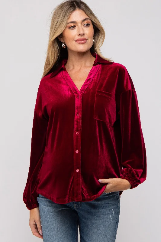 Burgundy Velvet Button Front Collared Maternity Blouse Everyday Stylish Blouse