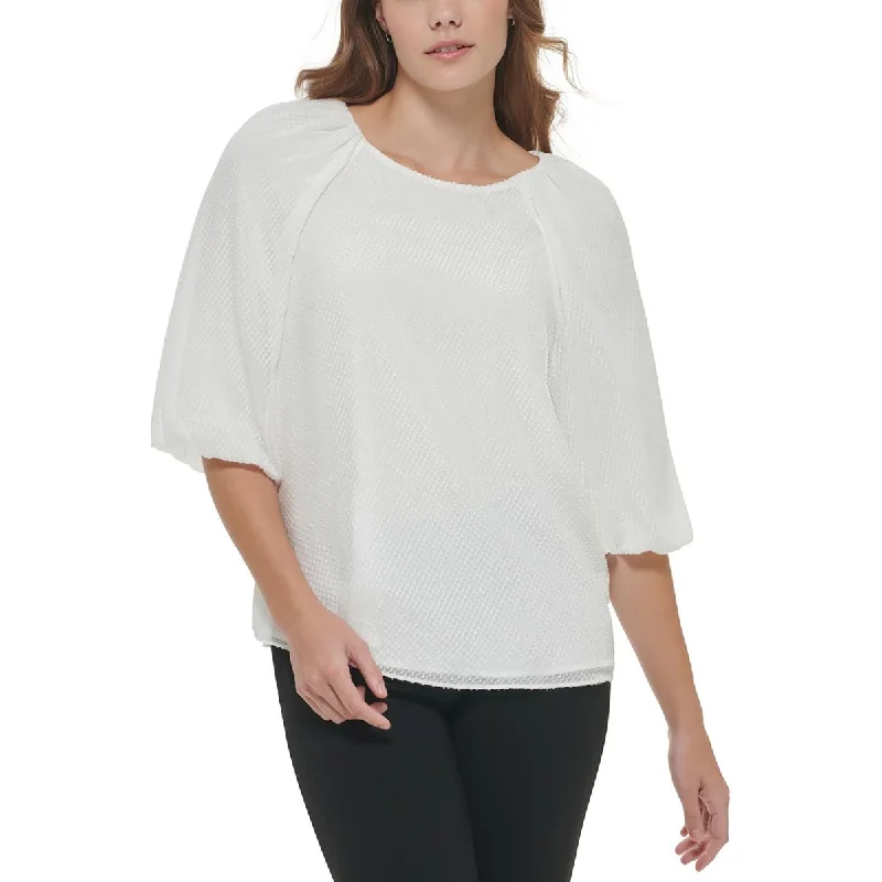 Calvin Klein Womens Textured Puff Sleeve Blouse Classic White Blouse