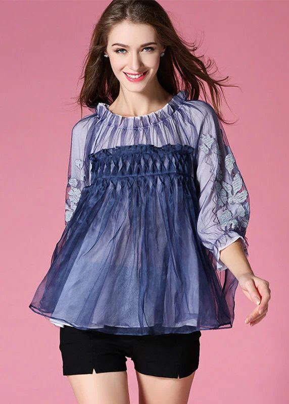 Casual Blue Embroideried Wrinkled Organza Blouses Half Sleeve Embellished Collar Blouse