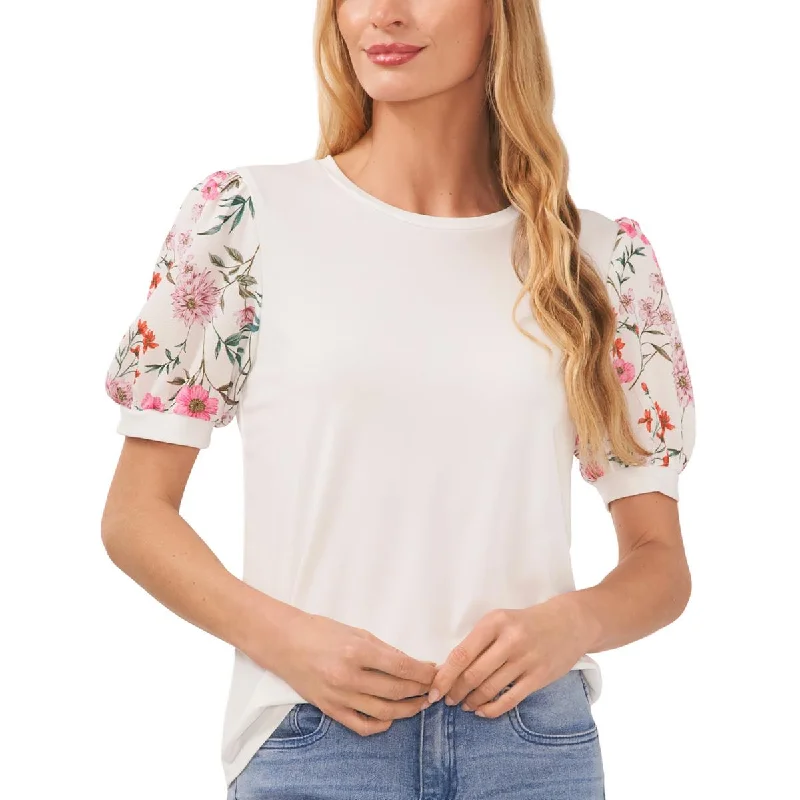 CeCe Womens Knit Mixed Media Blouse Lightweight Floral Blouse