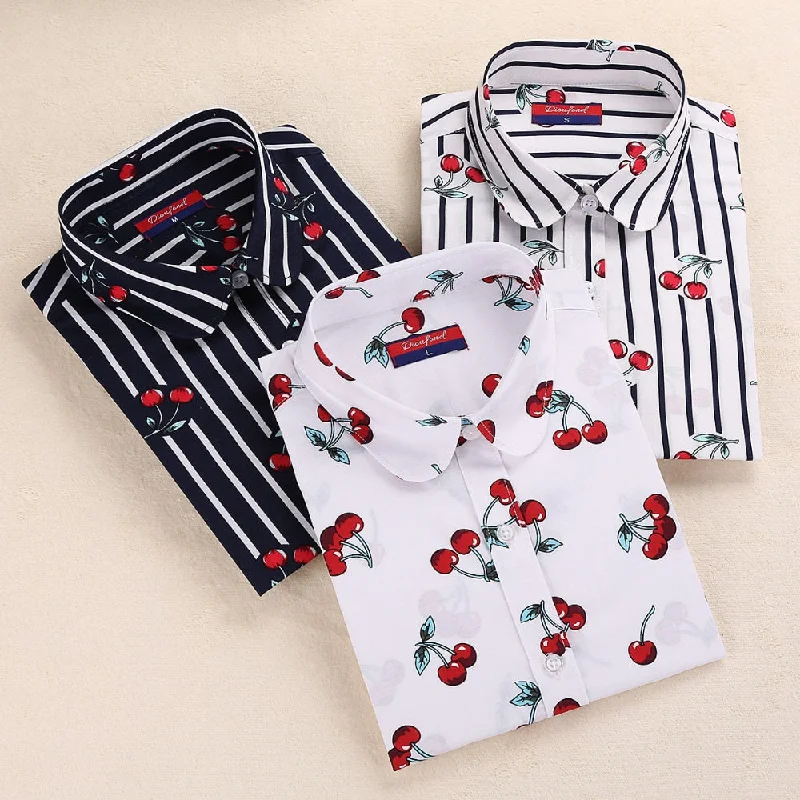 Dioufond Women Cherry Blouses Long Sleeve Shirt Turn Down Collar Floral Blouse Plus Size 5XL Women Vintage Cotton Shirt Sleeveless Chiffon Blouse