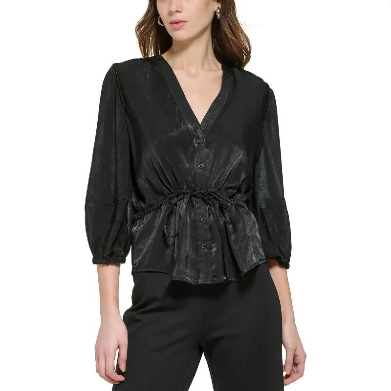 DKNY Womens Button Down Gathered Blouse Feminine Satin Blouse