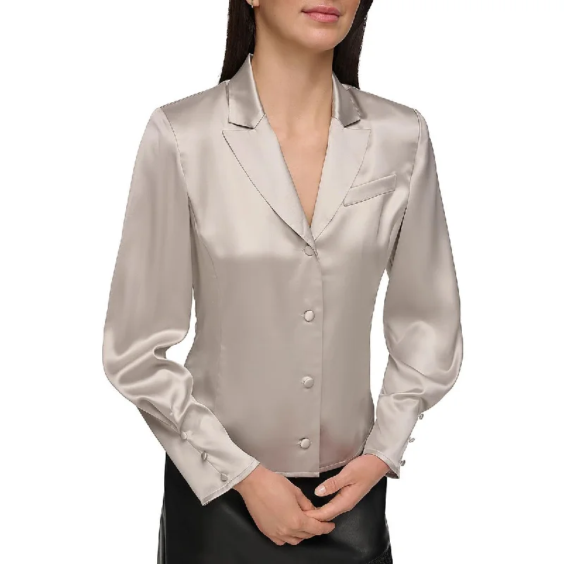 DKNY Womens Satin Tuxedo Blouse Casual Button Blouse