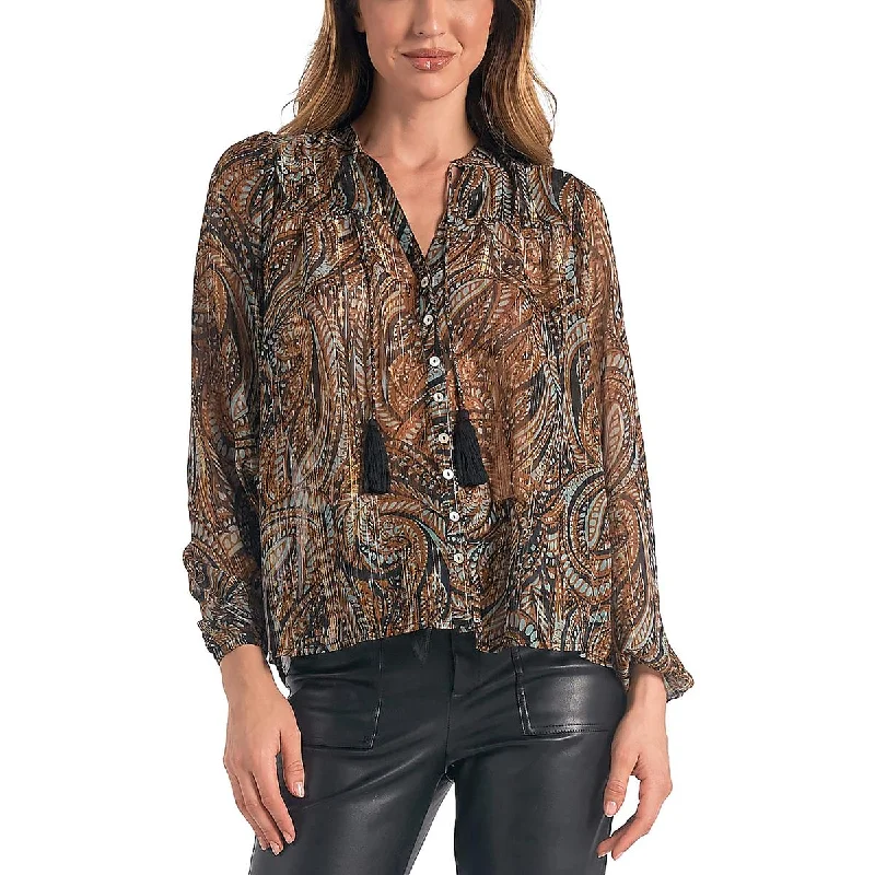 Elan Womens Metallic Paisley Blouse Elegant Lace Blouse