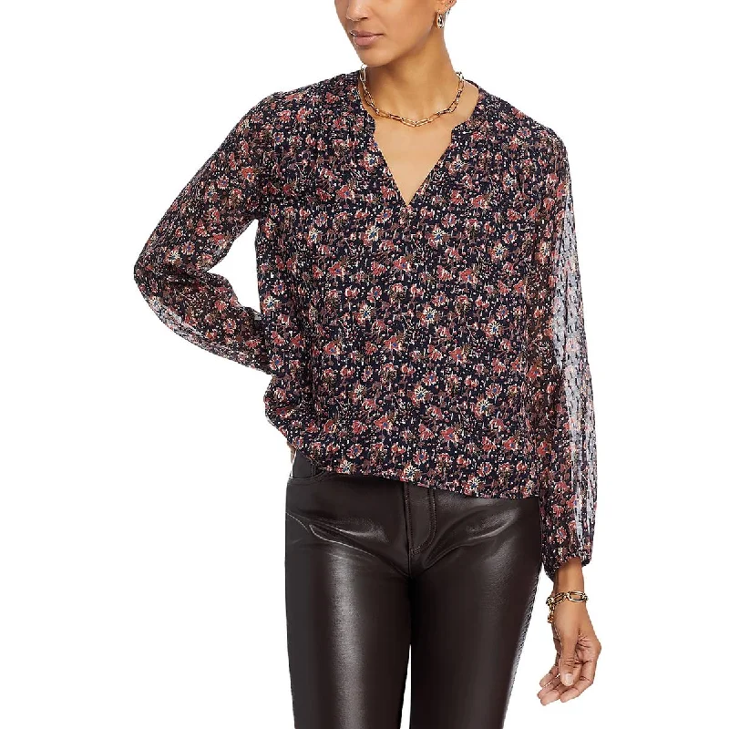 Faherty Womens Silk Metallic Blouse Stylish Wrap Blouse