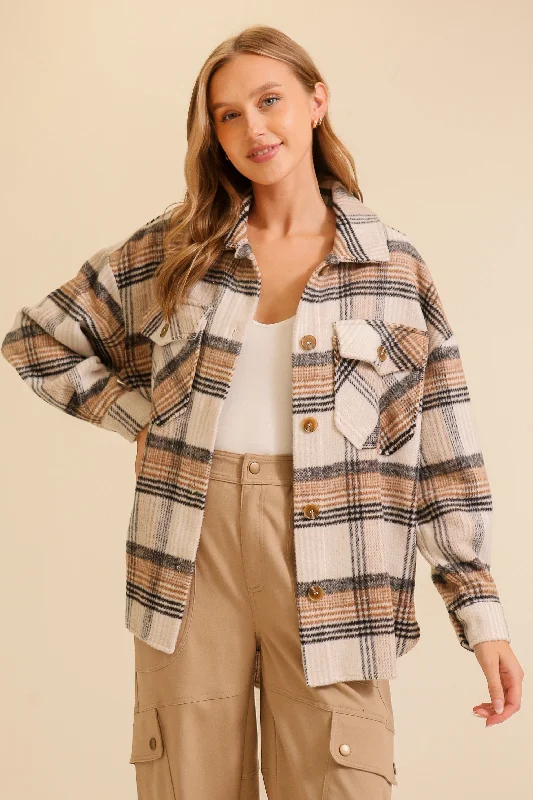 Fall Vibes Plaid Shacket - Taupe Black Casual Relaxed Fit Blouse