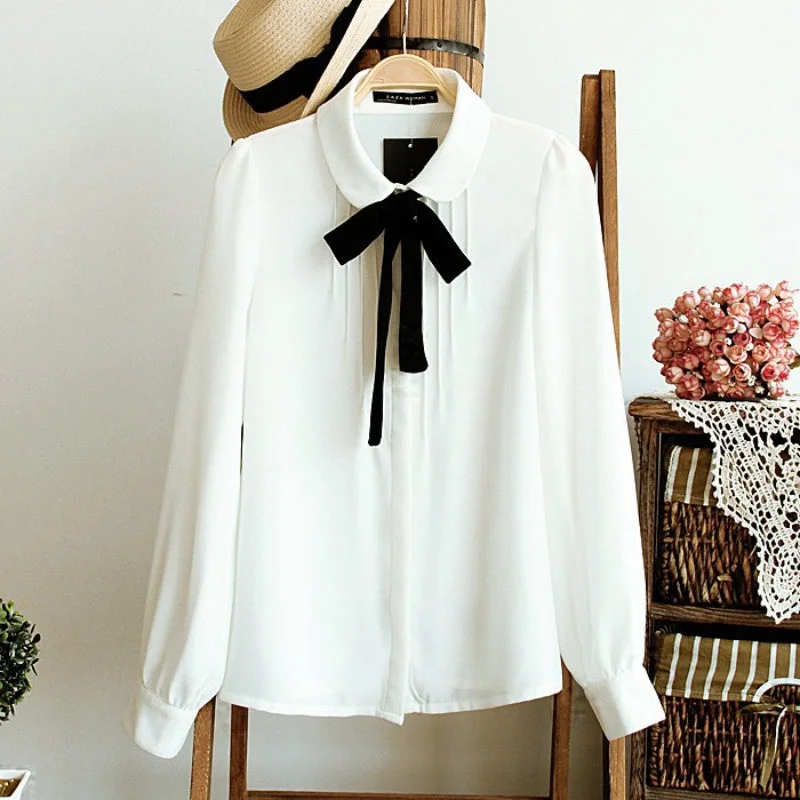 Fashion Women Elegant Bow Tie White Blouses Chiffon Casual Shirt Office Ladies Tops School Blusas Female Clothing new Bell Sleeve Blouse