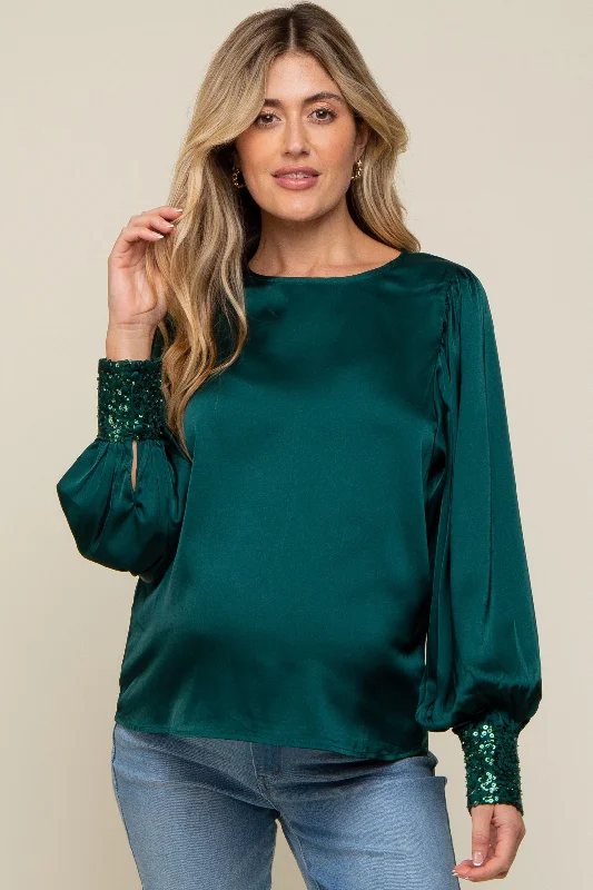 Forest Green Satin Sequin Cuff Maternity Blouse Satin Drape Blouse