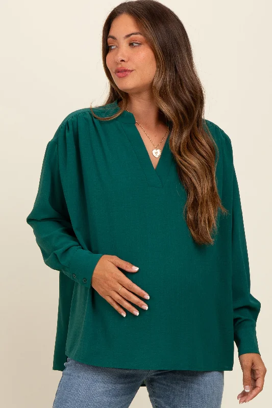 Forest Green V-Neck Maternity Oversized Blouse Stretchy Fitted Blouse