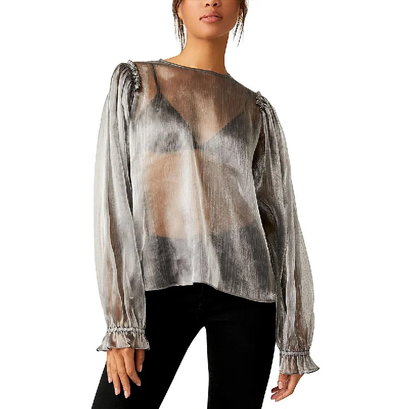 Free People Womens Freya Frost Metallic Sheer Blouse Casual Button Blouse