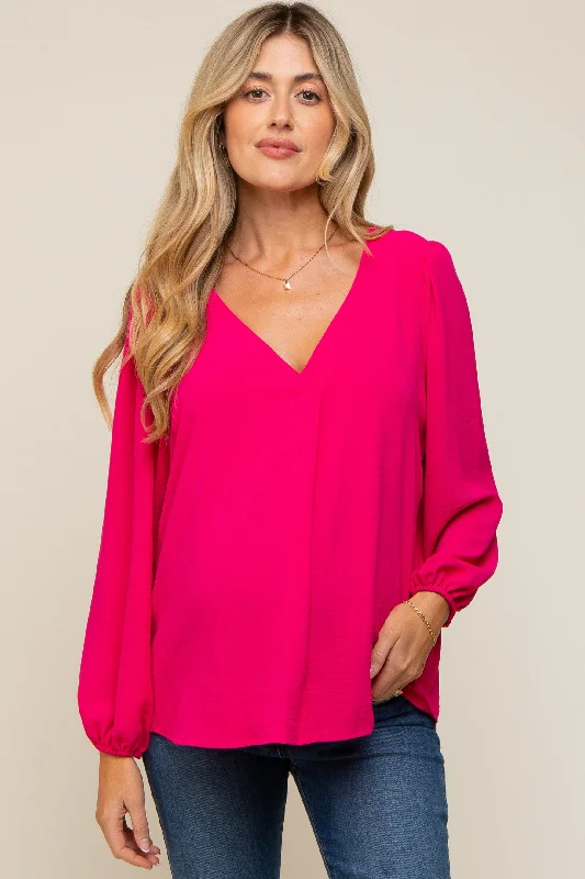 Fuchsia Long Puff Sleeve Maternity Blouse Top Office-Ready Blouse