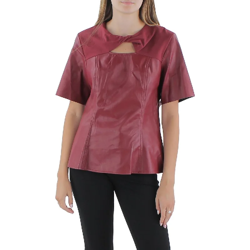 Gracia Womens Faux Leather Twist Front Blouse Casual Relaxed Fit Blouse