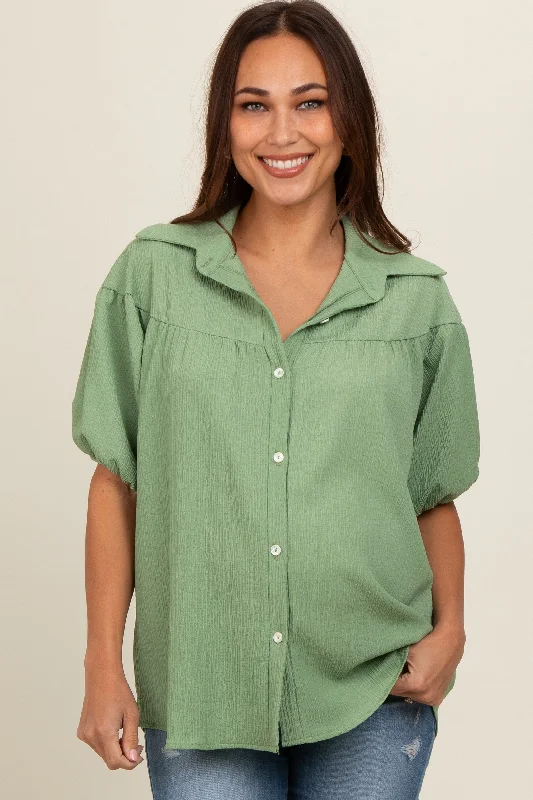 Green Collared Button Down Maternity Blouse Pastel Color Blouse