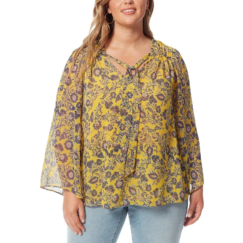 Jessica Simpson Womens Plus Floral Tie-Neck Blouse Elegant Embroidery Blouse