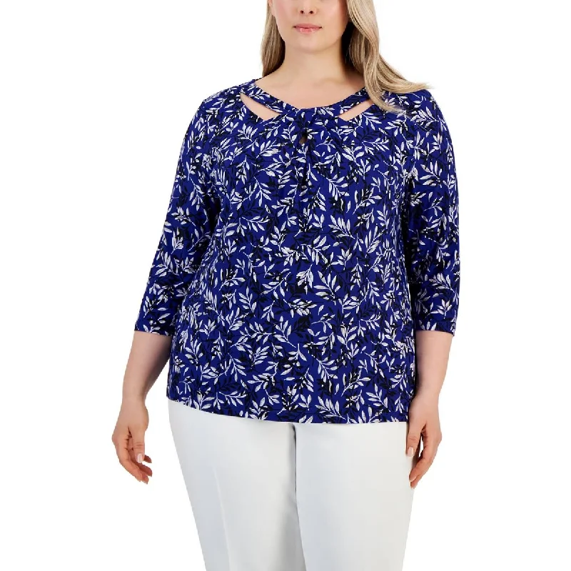 Kasper Womens Plus Cutout Printed Blouse Stretchy Fitted Blouse