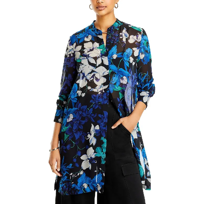 Kobi Halperin Womens Amy Floral Print Button-Down Blouse Silky Tunic Blouse