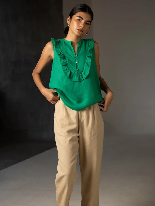 Women's Green 100% Linen Regular Fit Blouse Embroidered Cotton Blouse