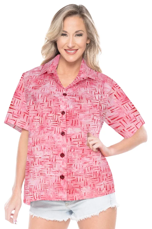 LA LEELA Women's Beach Button Down Short Sleeve Casual 100% cotton hand printed Blouse Pink Soft Modal Blouse