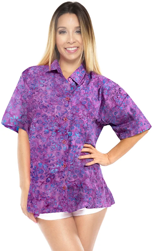 LA LEELA Women's Beach Button Down Short Sleeve Casual 100% cotton Floral hand printed Blouse Purple Textured Cotton Blouse