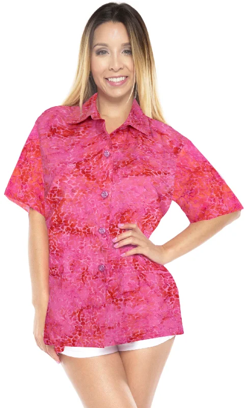 LA LEELA Women's Beach Button Down Short Sleeve Casual hand printed 100% cotton Blouse Pink Smart Business Blouse