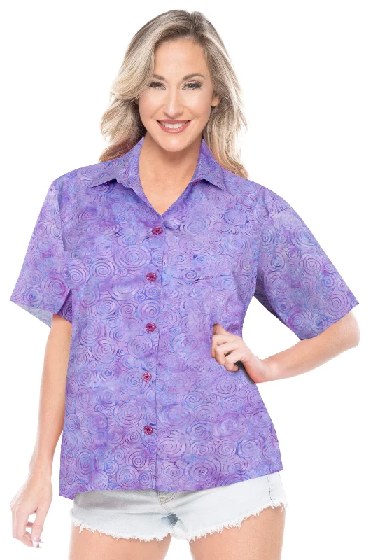 LA LEELA Women's Beach Button Down Short Sleeve Casual 100% cotton  hand printed Blouse Purple Ruffled Neck Blouse