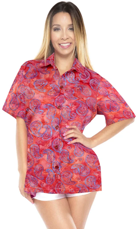 LA LEELA Women's Beach Button Down Short Sleeve Casual 100% cotton  hand printed Blouse Red Pleated Collar Blouse